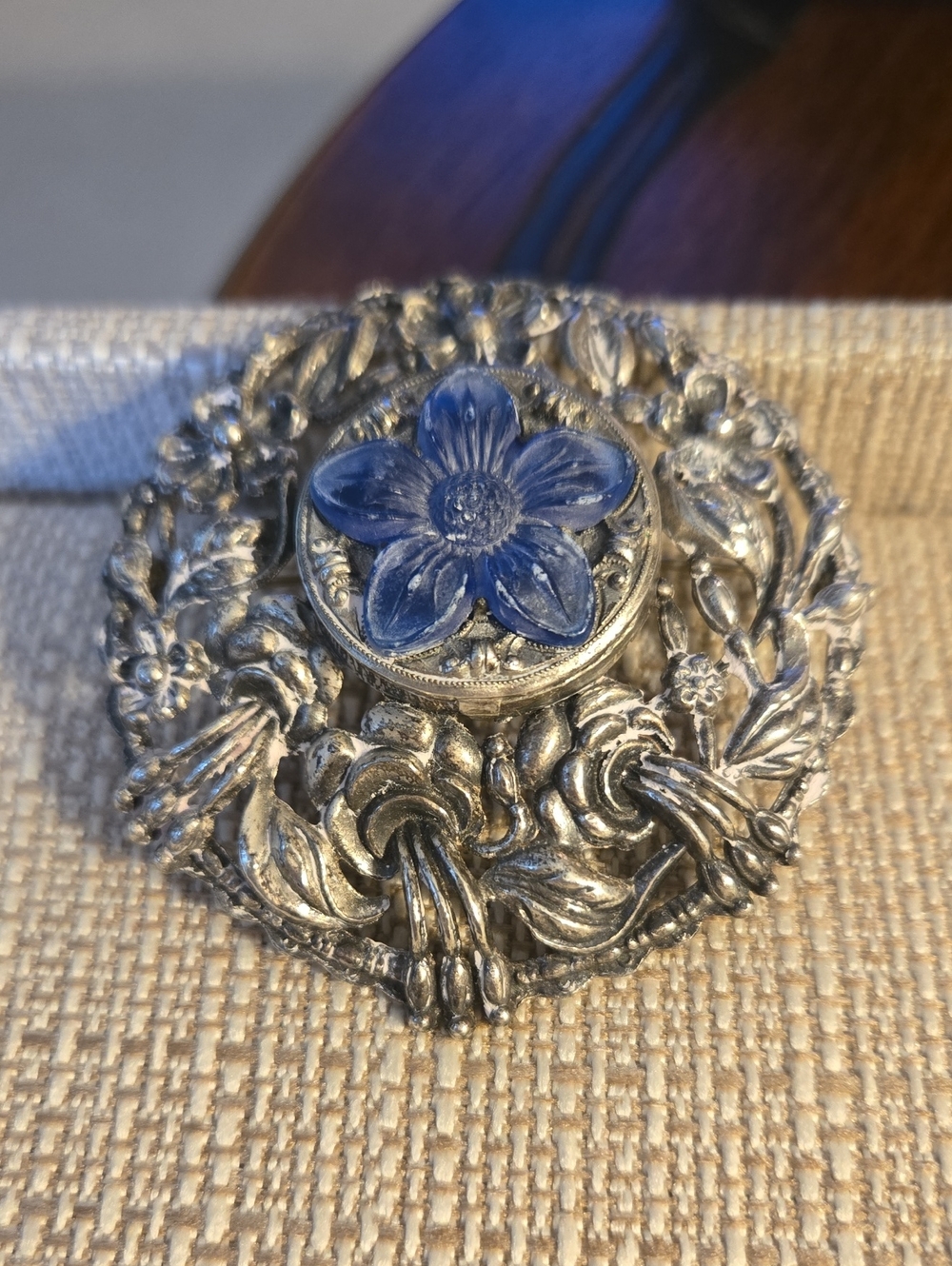 Czech 1940's Vintage Silver Plate Pomander Brooch / Pendant With Blue Flower